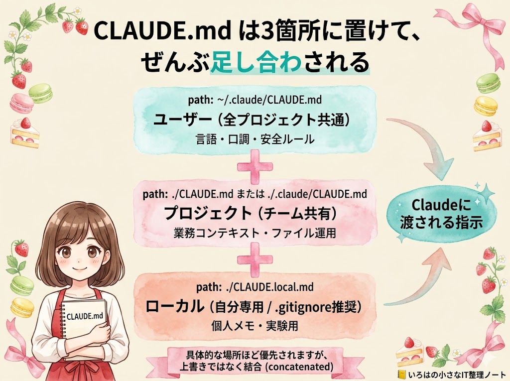 CLAUDE.md の3配置場所と結合の概念図。クリーム背景の水彩タッチで、上から「~/.claude/CLAUDE.md(ユーザー:全プロジェクト共通)」「./CLAUDE.md(プロジェクト:チーム共有)」「./CLAUDE.local.md(ローカル:自分専用)」の3カードが + 記号で結合され、右側の矢印で「Claudeに渡される指示」へ全てが流れ込むことを示し、「具体的な場所ほど優先されるが上書きではなく結合」と注記されている