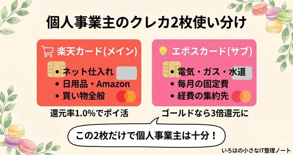 個人事業主のクレジットカード2枚使い分け図解。メインの楽天カード（赤）はネット仕入れ・日用品・Amazon・買い物全般で還元率1.0%、サブのエポスカード（ピンク）は電気・ガス・水道の固定費集約でゴールドなら3倍還元。この2枚だけで個人事業主は十分というメッセージ付き。