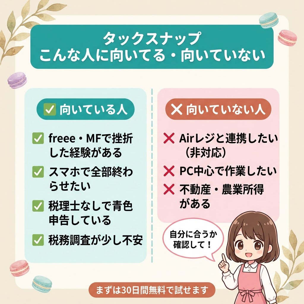 タックスナップが向いている人（MF挫折・スマホ派・青色申告・税務調査不安）と向いていない人（Airレジユーザー・PC派・不動産農業所得あり）