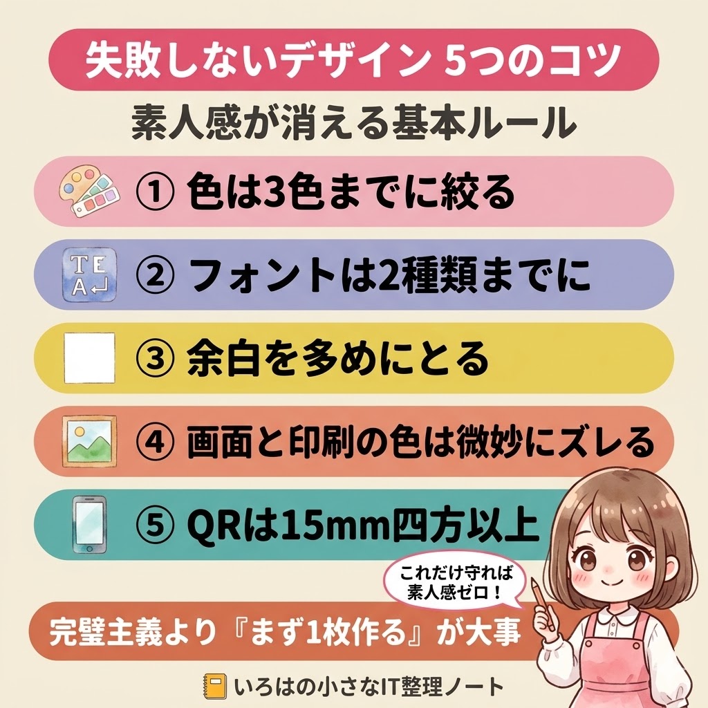 Canvaで失敗しないデザイン5つのコツ。①色は3色までに絞る② フォントは2種類までに③ 余白を多めにとる④ 画面と印刷の色は微妙にズレる⑤ QRコードは15mm四方以上。お菓子屋4年目が4年運用で確信したルール。