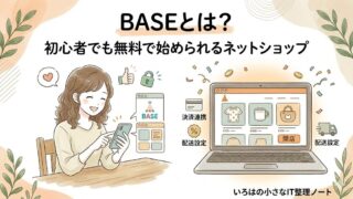 BASEとは？初心者でも月額0円でネットショップを無料で開設できるサービスを解説したアイキャッチ画像。スマホでショップを作る女性のイラスト入り。