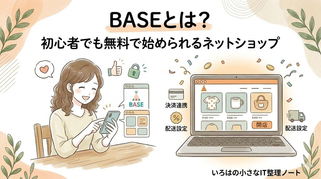 BASEとは？初心者でも月額0円でネットショップを無料で開設できるサービスを解説したアイキャッチ画像。スマホでショップを作る女性のイラスト入り。