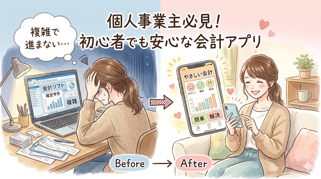 会計ソフトが難しくて悩む女性（Before）と、スマホで簡単に確定申告できて笑顔になる女性（After）を対比した、初心者向け会計アプリのイメージイラスト