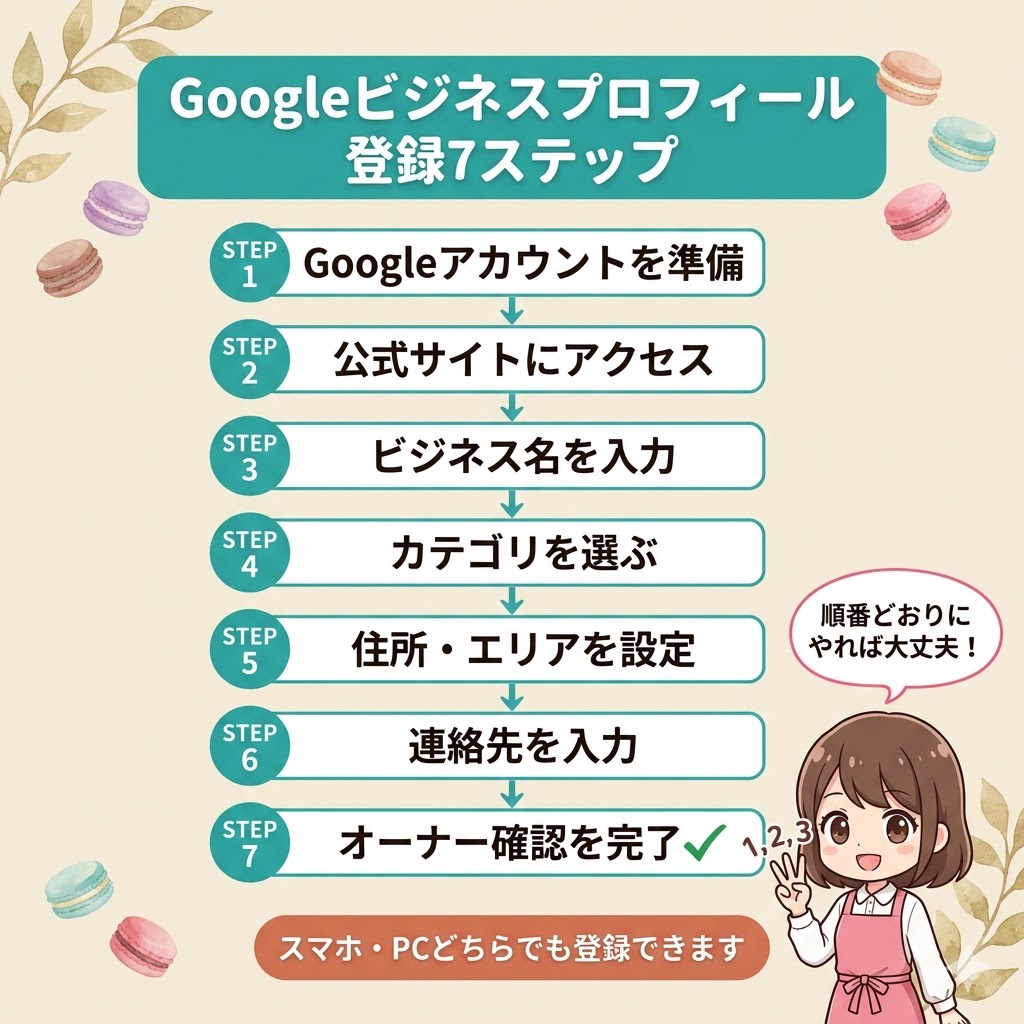 Googleビジネスプロフィールの登録手順を示したフロー図。クリーム色の背景にターコイズのタイトルバナー「Googleビジネスプロフィール 登録7ステップ」。STEP1「Googleアカウントを準備」からSTEP7「オーナー確認を完了」まで7つのステップが矢印でつながれている。右下にピンクエプロンのマスコットキャラクターが「順番どおりにやれば大丈夫！」と説明している。
