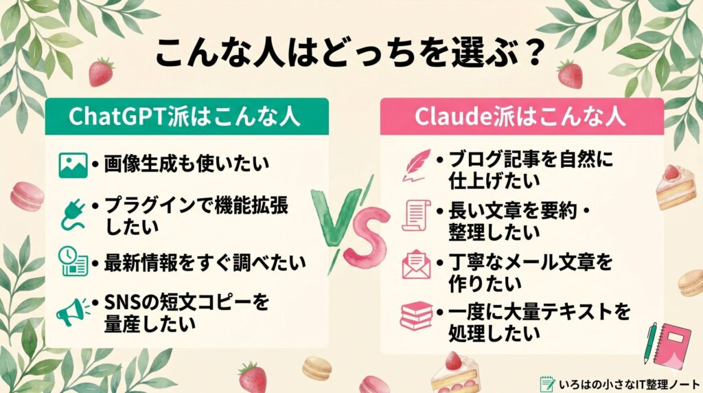 ChatGPT向きの人とClaude向きの人を左右で比較した図解。ChatGPT派は画像生成・プラグイン・最新情報・SNS向け、Claude派はブログ執筆・長文要約・メール作成・大量テキスト処理向けと整理