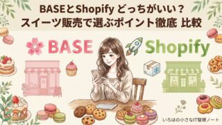 BASEとShopifyを比較するスイーツ販売向けの解説図。ピンクのBASEとグリーンのShopifyのロゴと店舗イラストを並べ「月売上12万円が決め手」と解説