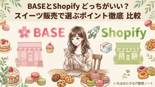 BASEとShopifyを比較するスイーツ販売向けの解説図。ピンクのBASEとグリーンのShopifyのロゴと店舗イラストを並べ「月売上12万円が決め手」と解説