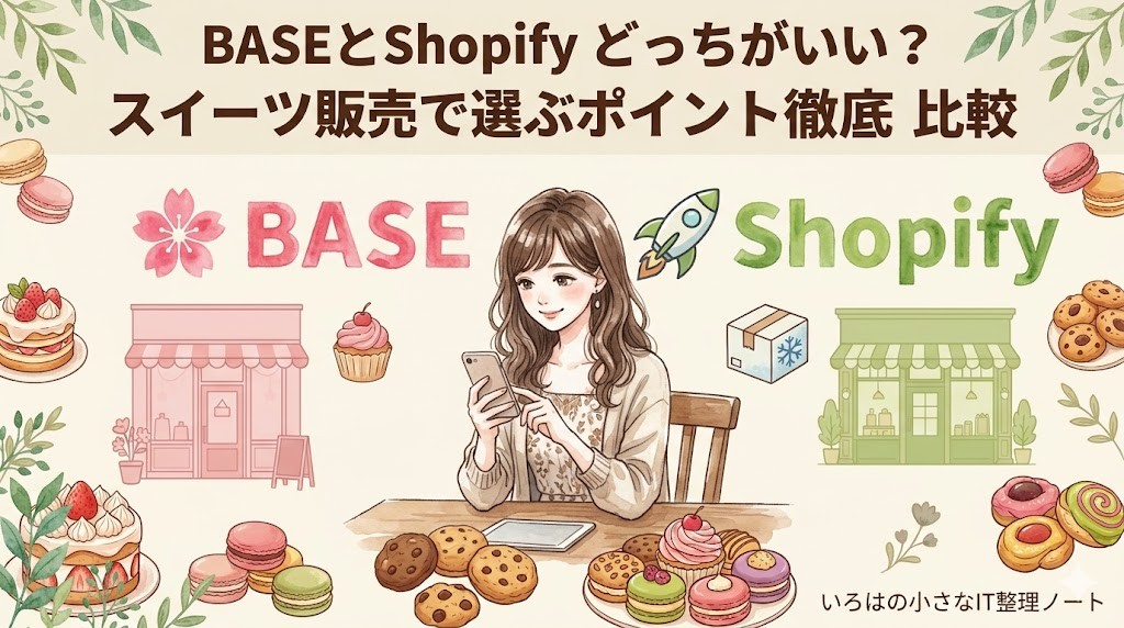 BASEとShopifyを比較するスイーツ販売向けの解説図。ピンクのBASEとグリーンのShopifyのロゴと店舗イラストを並べ「月売上12万円が決め手」と解説