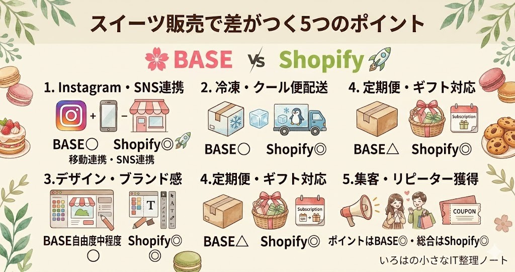 スイーツ・食品ネットショップでのBASEとShopify比較。手数料・機能・定期便・デザイン・サポートの5項目を図解