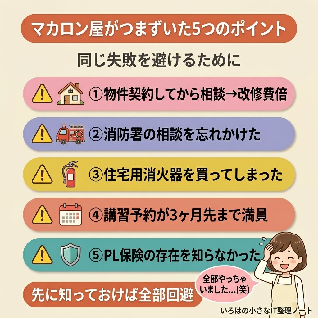 マカロン屋がつまずいた5つのポイント図解。①物件契約してから相談で改修費倍 ②消防署相談を忘れかけた ③住宅用消火器を買ってしまった ④講習予約が3ヶ月先まで満員 ⑤PL保険の存在を知らなかった。先に知っておけば全部回避できる。