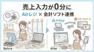 Airレジと会計ソフト（マネーフォワード）の連携で売上入力が0分になるイメージを表現した図解アイキャッチ