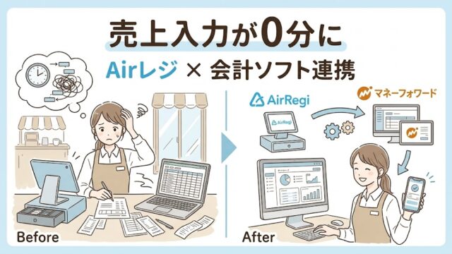 Airレジと会計ソフト（マネーフォワード）の連携で売上入力が0分になるイメージを表現した図解アイキャッチ