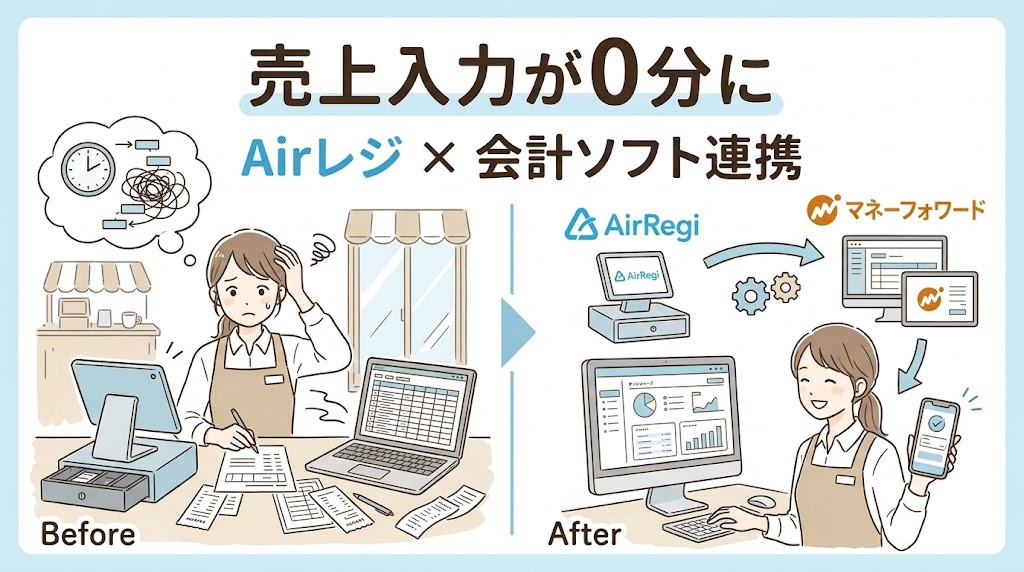 Airレジと会計ソフト（マネーフォワード）の連携で売上入力が0分になるイメージを表現した図解アイキャッチ