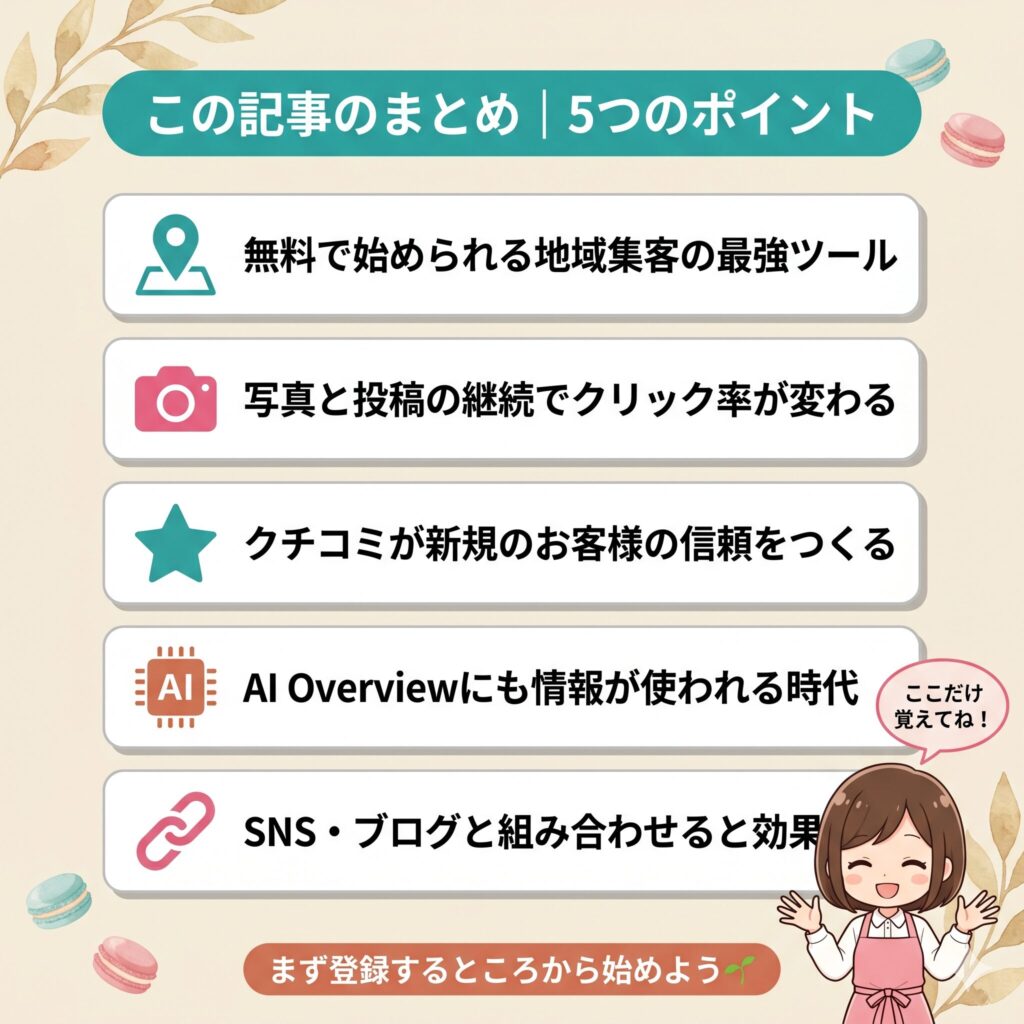 この記事のまとめ図解。Googleビジネスプロフィール活用の5つのポイントを整理：①無料で始められる地域集客ツール ②写真と投稿の継続が重要 ③クチコミが新規信頼をつくる ④AI Overviewにも情報が使われる ⑤SNS・ブログとの組み合わせで効果アップ。