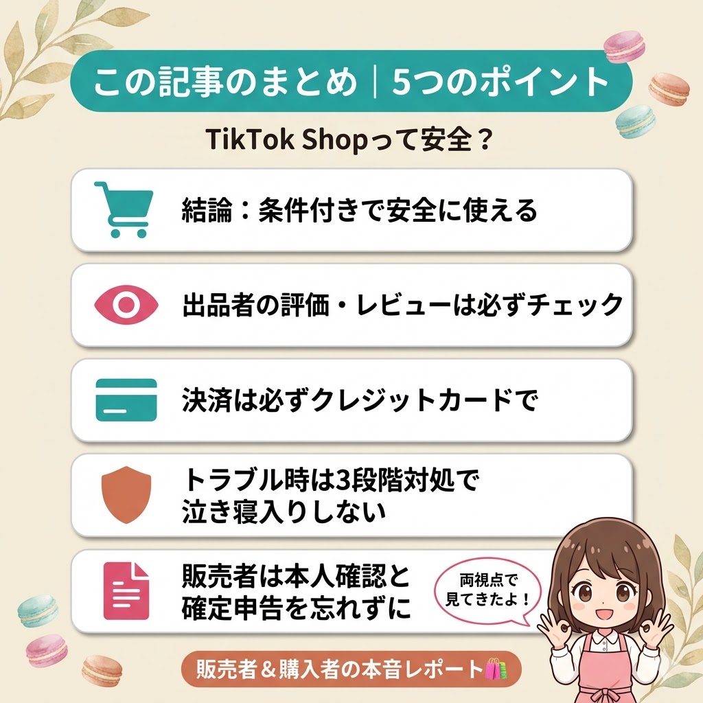 この記事のまとめ図解。TikTok Shopの安全性を5つのポイントで整理：①結論として条件付きで安全 ②出品者評価・レビュー確認が必須 ③決済はクレジットカードで ④トラブル時は3段階対処法で対応 ⑤販売者は本人確認と確定申告を忘れずに。販売者＆購入者の本音レポート。