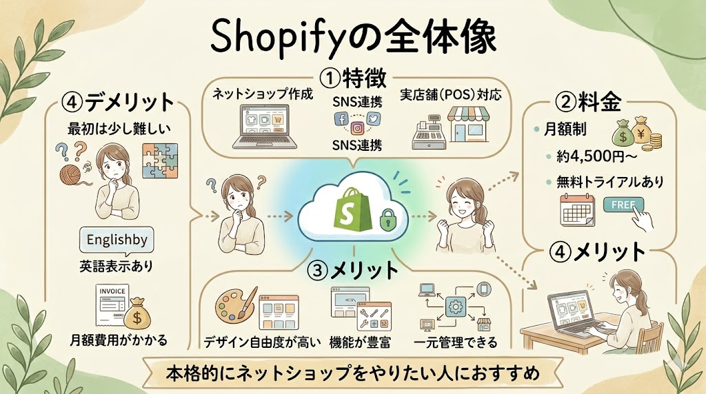 Shopifyの特徴・料金・メリット・デメリットをまとめた図解。初心者でも全体像が一目でわかる構成のイメージ図