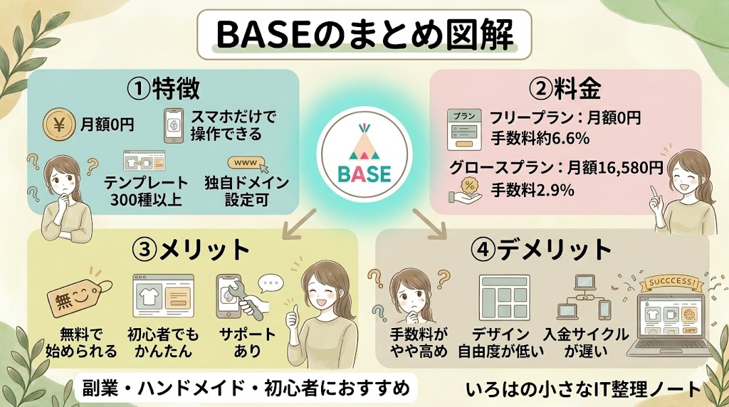 BASEのまとめ図解：特徴・料金・メリット・デメリットを一覧でわかりやすく図解。副業・ハンドメイド・初心者におすすめ。