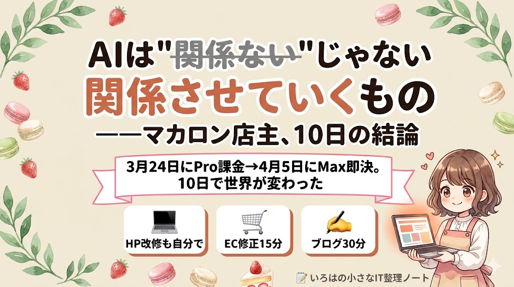 【まとめ】AIは「関係ない」じゃなく「関係させていくもの」——マカロン店主が10日のClaude Code体験で得た結論。HP改修・EC修正・ブログ執筆が自分でできるようになった達成感を表す図解