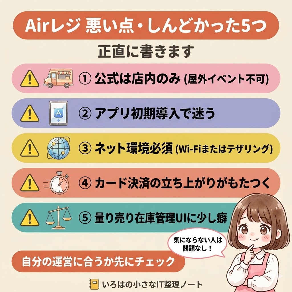 Airレジの悪い点・しんどかった5つ。①公式は店内のみ屋外イベント不可②アプリ初期導入で迷う③ネット環境必須④カード決済の立ち上がりがもたつく⑤量り売り在庫管理UIに少し癖あり。マカロン店4年目が正直レビュー。