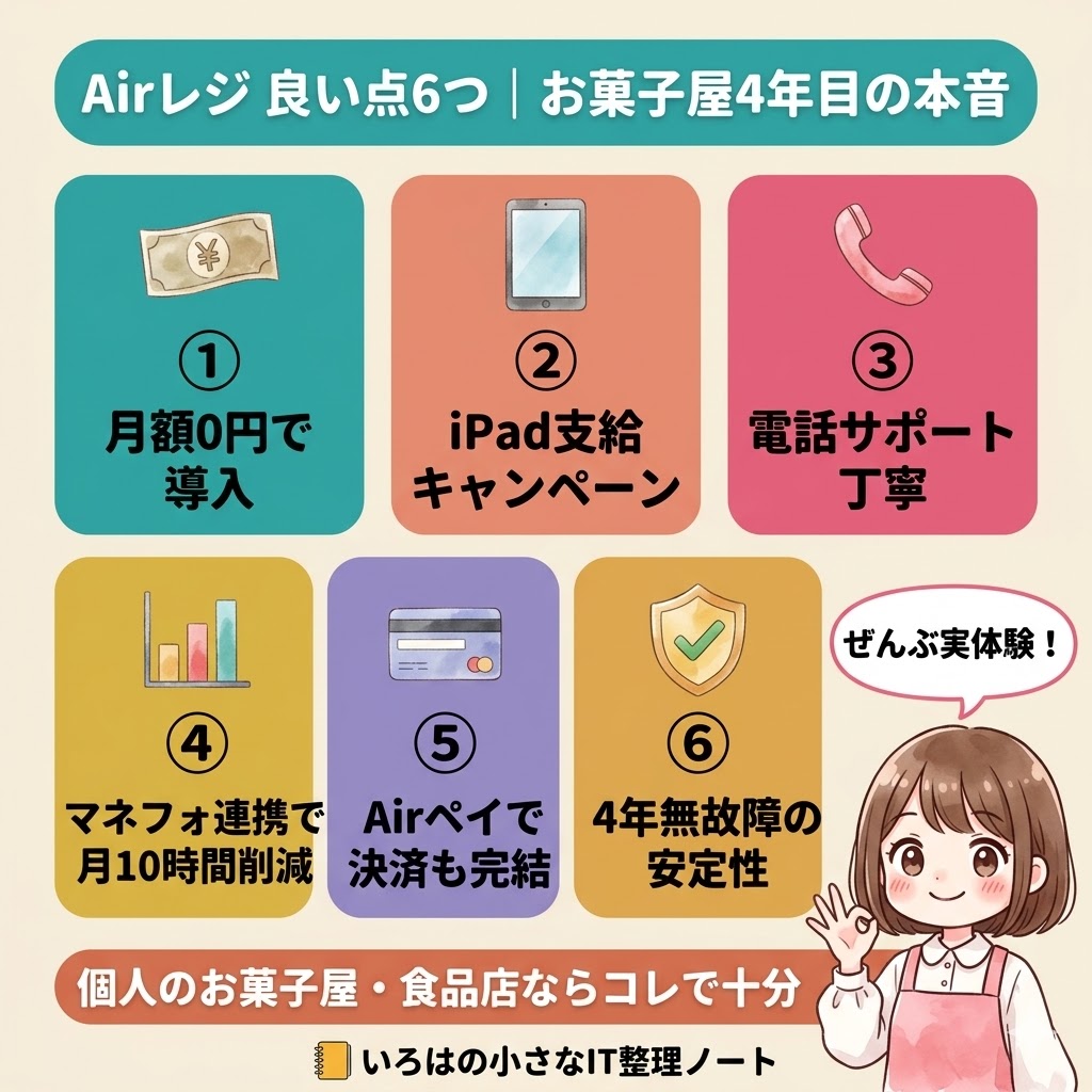Airレジの良い点6つ早見表。①月額0円で導入②iPad支給キャンペーン③電話サポート丁寧④マネーフォワード連携で月約10〜20時間削減⑤Airペイで決済も完結⑥4年無故障の安定性。お菓子屋・食品店オーナー4年目の実体験まとめ。