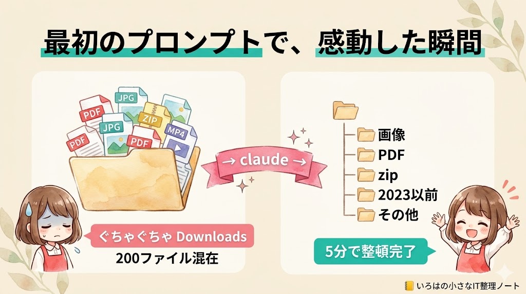 Downloadsフォルダ整理のBefore/After図解。水彩タッチで左に200ファイル混在のぐちゃぐちゃ状態と疲れたいろはちゃん、中央にピンクリボン「→ claude →」、右に画像・PDF・zip・2023以前・その他の5フォルダに整理された状態と笑顔のいろはちゃんが配置されている