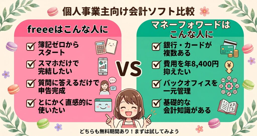 freeeとマネーフォワードの選び方比較図。左ピンクエリアにfreeeが向いている人（簿記ゼロ・スマホ完結・質問形式・直感操作）、右グリーンエリアにマネーフォワードが向いている人（銀行口座複数・費用重視・バックオフィス一元管理・会計知識あり）をまとめた図解