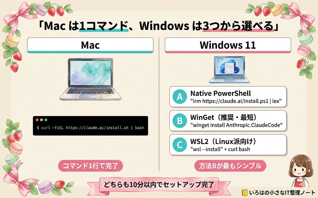 MacとWindows 11のClaude Codeインストール手順比較図。クリーム背景の水彩タッチで、左がMac(curl 1コマンドのみ)、右がWindows 11(A: Native PowerShell の irm、B: WinGet 推奨、C: WSL2 の3パターン)と並列に示され、ピンクリボンに「どちらも10分以内でセットアップ完了」と記載されている
