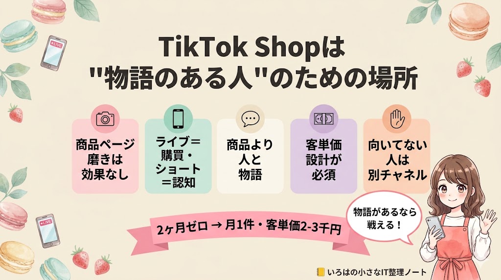 TikTok Shopは「物語のある人」のための場所というまとめ図解。商品ページ磨きは効果なし・ライブ=購買ショート=認知・商品より人と物語・客単価設計が必須・向いてない人は別チャネルの5つのキーポイントと「2ヶ月ゼロ→月1件・客単価2-3千円」のリボン。右下にいろはちゃんが「物語があるなら戦える!」と話している。