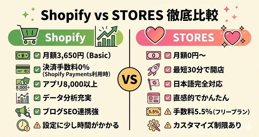 ShopifyとSTORES 機能・料金比較図解