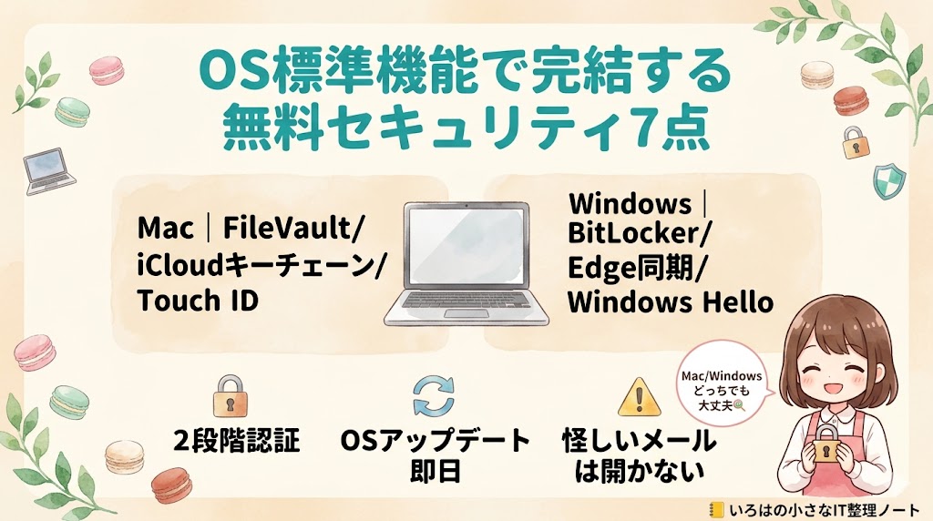 OS標準機能で完結する無料セキュリティ7点｜Mac＝FileVault／Windows＝BitLocker両対応の図解