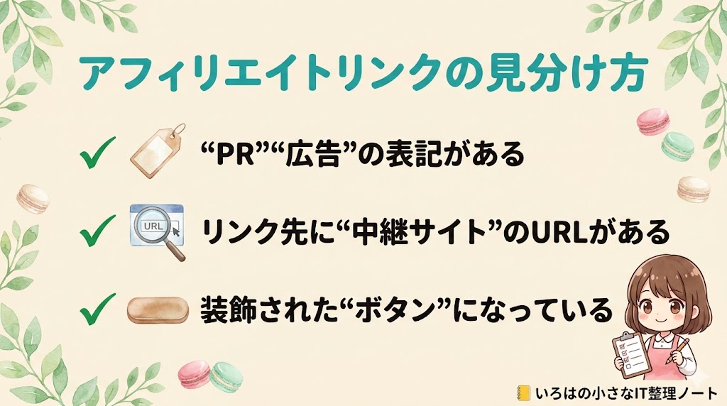 アフィリエイトリンクの見分け方チェックリストの図解。PR・広告の表記、中継サイトのURL、装飾されたボタン、の3つの特徴を紹介