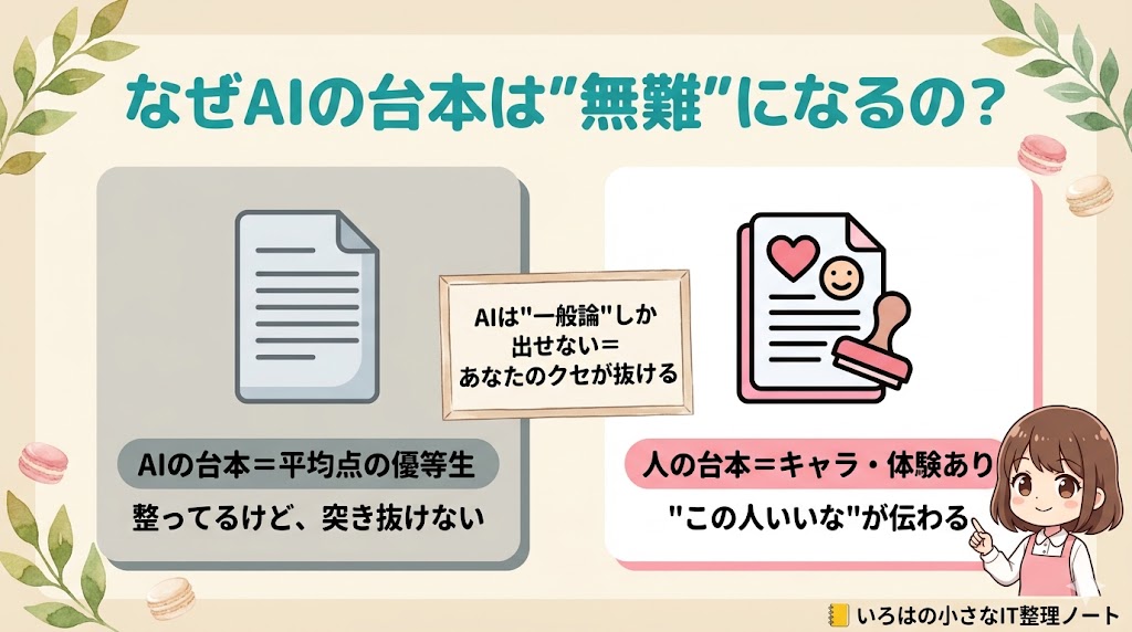 AIの台本が無難になる理由の図解。AIは平均点の優等生で整っているが突き抜けず、人の台本はキャラと体験があり刺さるという対比