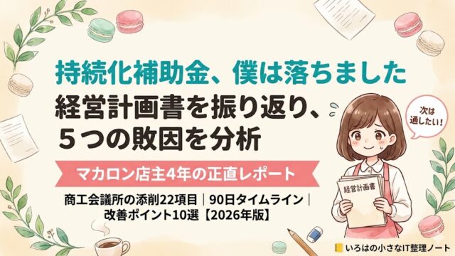 持続化補助金不採択リアル記事のアイキャッチ。マカロン店主4年が3年前に提出した経営計画書を振り返りながら、5つの敗因と改善ポイント10選・商工会議所の添削22項目・90日タイムラインを分析する記事ガイド。