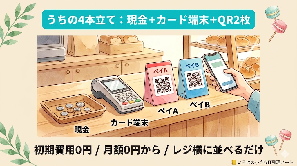 マカロン店レジに現金・Airペイ端末・PayPay・楽天ペイの4本が並ぶ俯瞰イラスト