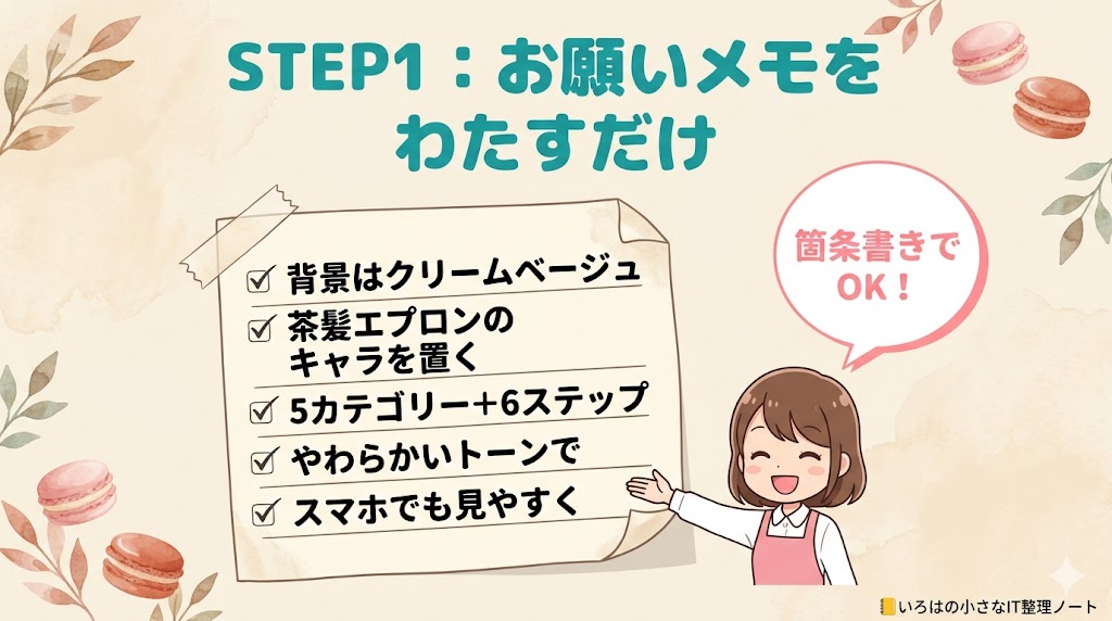 クロードデザインに渡す「お願いメモ」の例を示した図解。背景色・キャラ・載せたい内容など5項目を箇条書きにするだけ