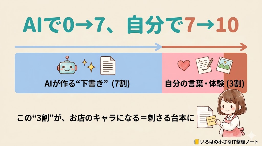 AIで動画台本を武器にする考え方の図解。AIが下書き7割、自分の言葉と体験で残り3割を足すと、お店のキャラが出て刺さる台本になる