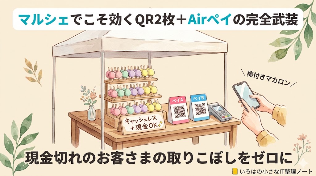 屋外マルシェのテント下、棒付きマカロン什器+QR台紙2枚+Airペイモバイル端末+現金トレー