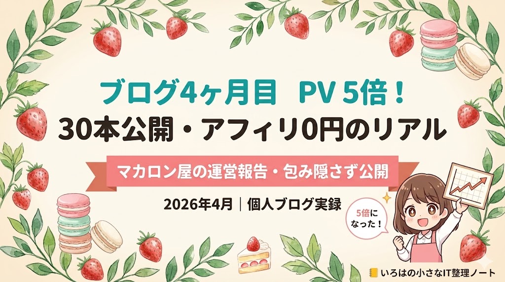 ブログ4ヶ月目の運営報告アイキャッチ。PV5倍・30本公開・アフィリ0円のリアルな記録。グラフボードを掲げるいろはちゃんのイラスト。
