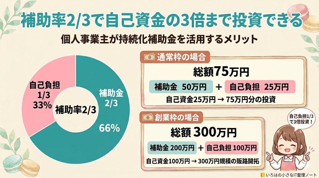 補助率2/3の実例計算図解:通常枠50万円のケース(総額75万円・補助金50万円・自己負担25万円)と創業枠200万円のケース(総額300万円・補助金200万円・自己負担100万円)。自己資金の3倍まで事業投資できる仕組みを視覚化。