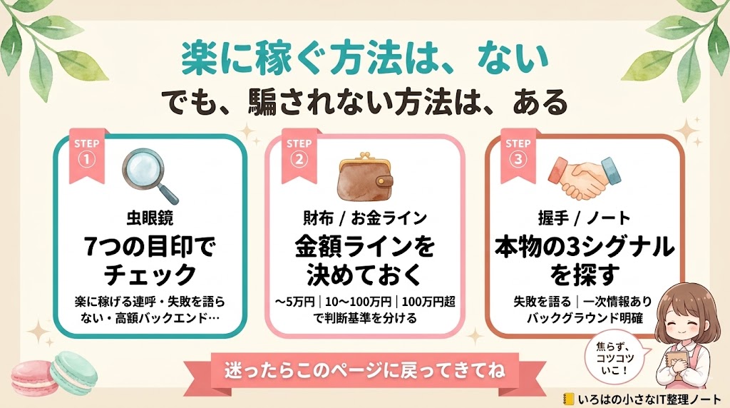 今日からできる3つのアクション 7つの目印でチェック 金額ラインを決める 本物の3シグナルを探す まとめ図解