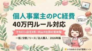 【店主4年】個人事業主のPC経費完全マップ｜40万円ルール対応のアイキャッチ。茶髪ボブのマスコット少女がMacBookを抱え「40万円ルールを使い倒そう」の吹き出し。マカロン店主4年・Mac4台目の実体験。