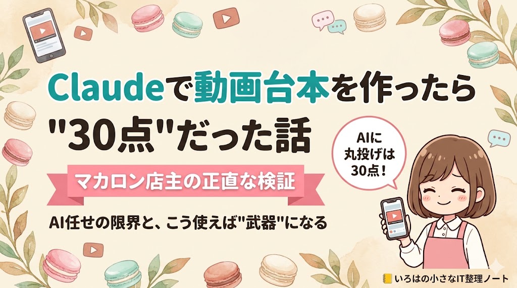 マカロン店主がClaudeでSNS動画の台本を作ったら30点だった、という正直な検証記事のアイキャッチ