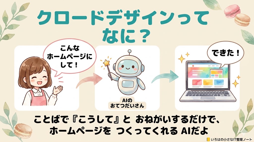 クロードデザインを小学生にもわかるように説明した図解。「こんなホームページにして」と言葉でお願いするだけで、AIのおてつだいさんがホームページを作ってくれる、という流れを3コマで紹介