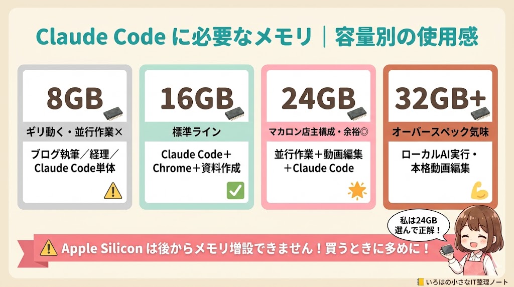 Claude Code 用 Mac のメモリ容量別マトリクス｜8GB 16GB 24GB 32GB の使用感比較