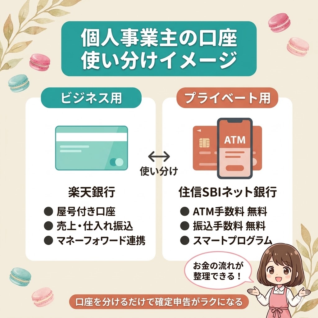 楽天銀行（ビジネス用）と住信SBIネット銀行（第2口座）の2つの使い分けイメージ図解