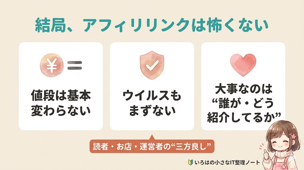 アフィリエイトリンクは怖くないとまとめた図解。値段は変わらない・ウイルスもまずない・大事なのは誰がどう紹介しているか、そして三方良しを示す