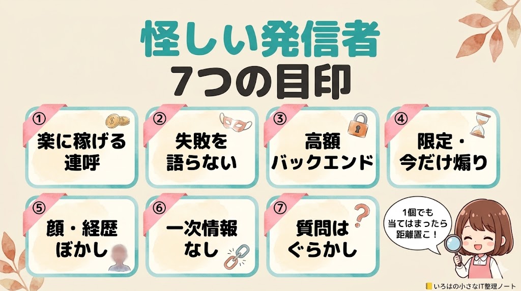 怪しい発信者の7つのパターン一覧 楽に稼げる連呼 失敗を語らない 高額バックエンド 限定煽り 顔経歴ぼかし 一次情報なし 質問はぐらかし