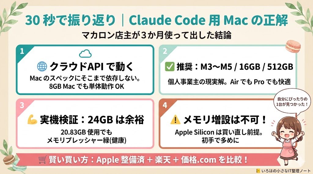Claude Code 用 Mac の選び方まとめ図解｜30秒で振り返り 4つの結論を1枚に整理