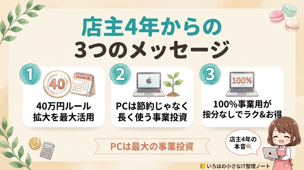 店主4年からの3つのメッセージまとめ図：①2026年4月の40万円ルール拡大を最大活用、②PCは節約じゃなく長く使う事業投資、③100%事業用が按分なしでラク&お得。PCは最大の事業投資。