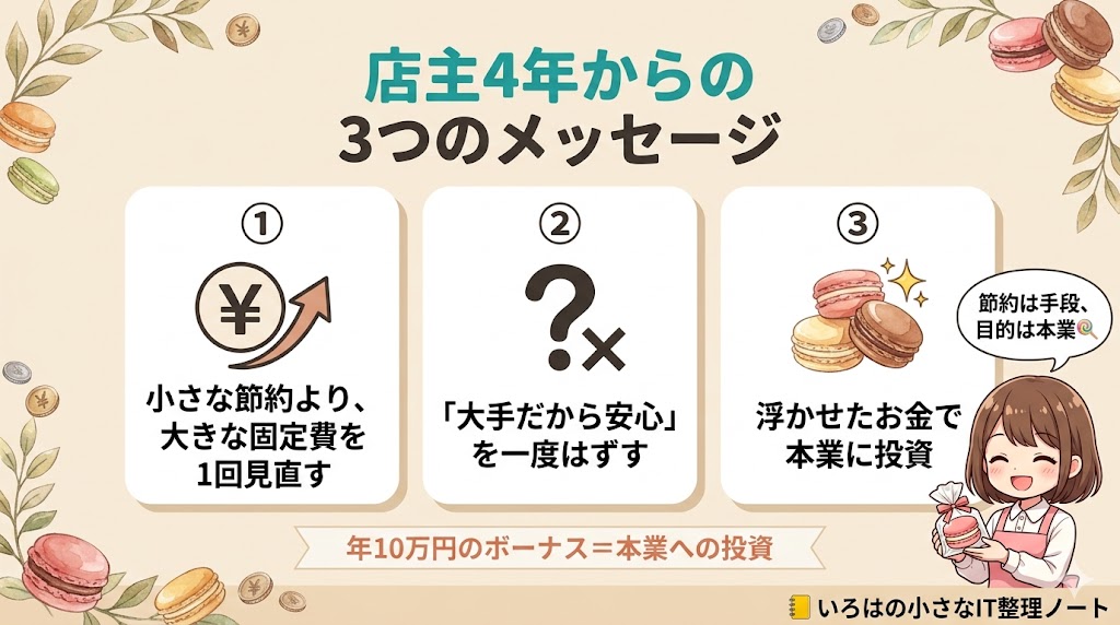 マカロン店主4年からの3つのメッセージまとめ図：①小さな節約より、大きな固定費を1回見直す、②「大手だから安心」を一度はずす、③浮かせたお金で本業に投資。「年10万円のボーナス＝本業への投資」